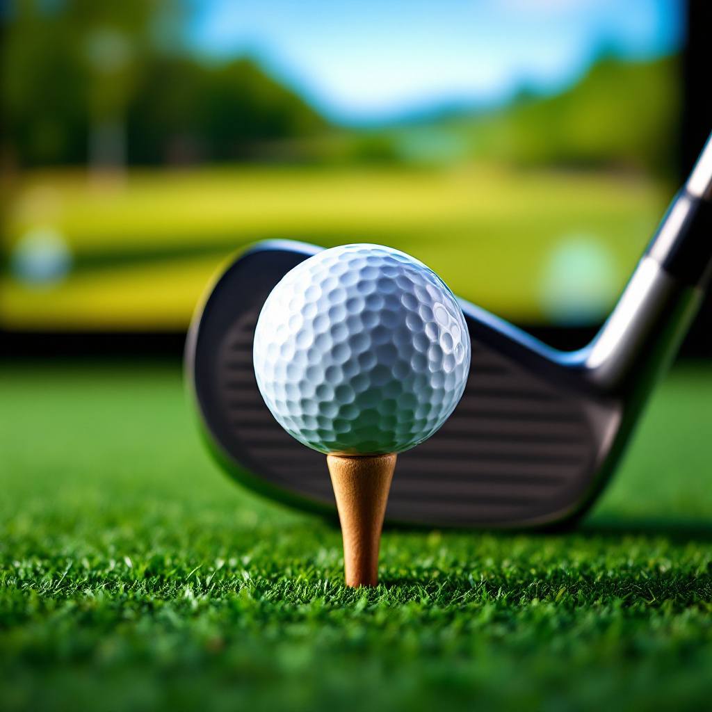 Illustrative image: a golf ball on a tee on a hitting mat, close up