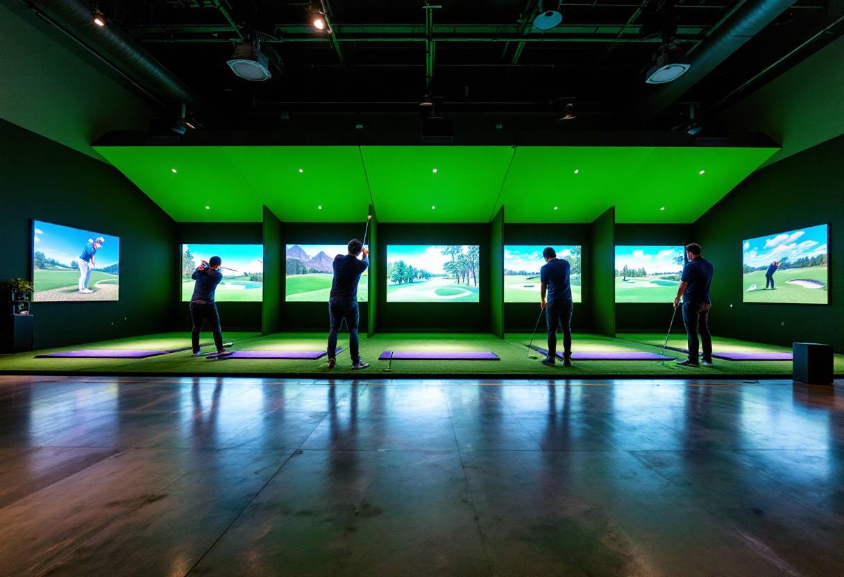 Illustrative image: a row of simulator bays in a large indoor golf centre