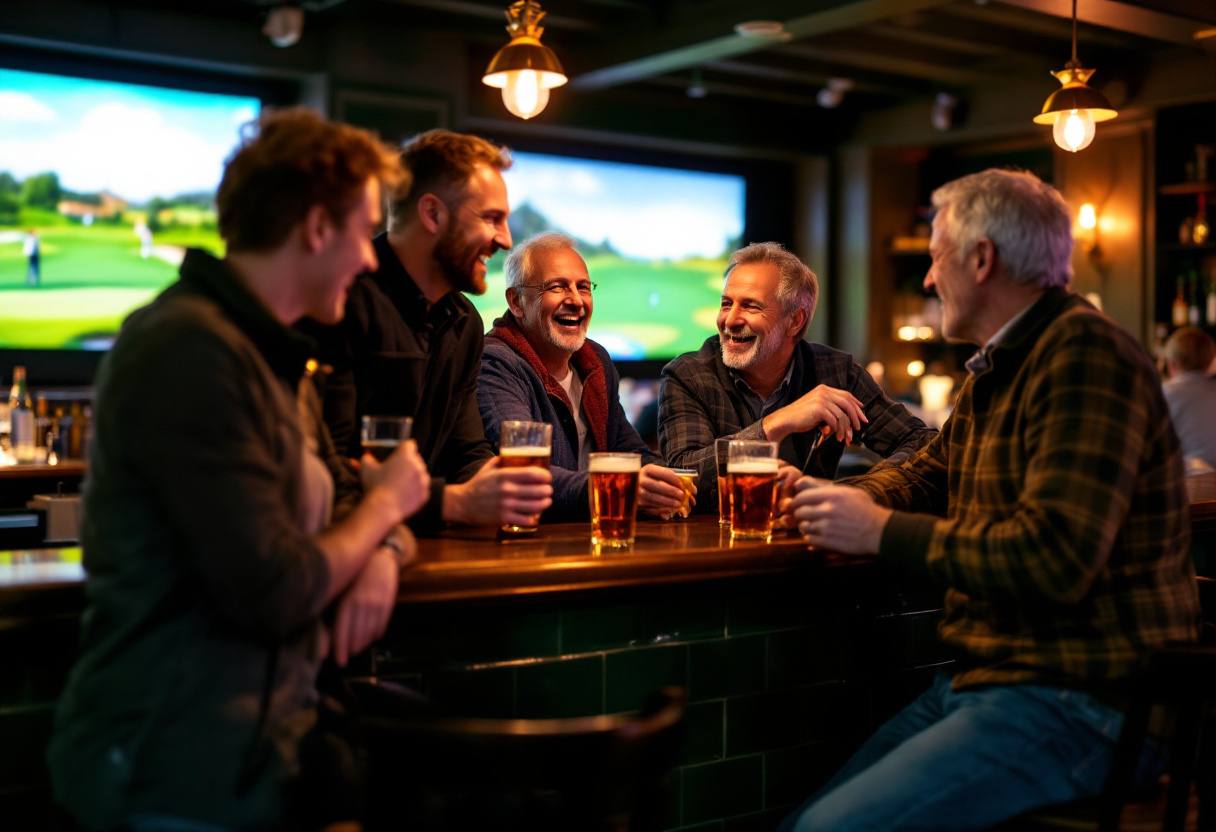 Illustrative image: friends with pints at a golf bar, golf on the screens behind