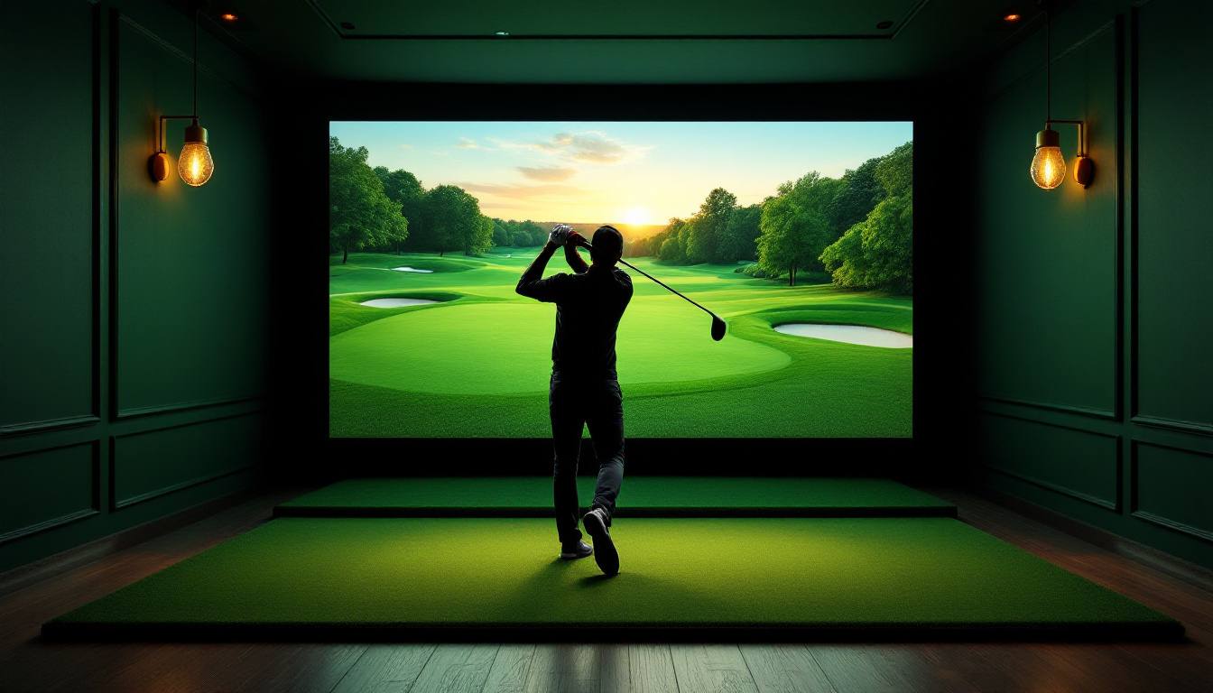 Illustrative image: a golfer mid-swing in a dark simulator bay at night