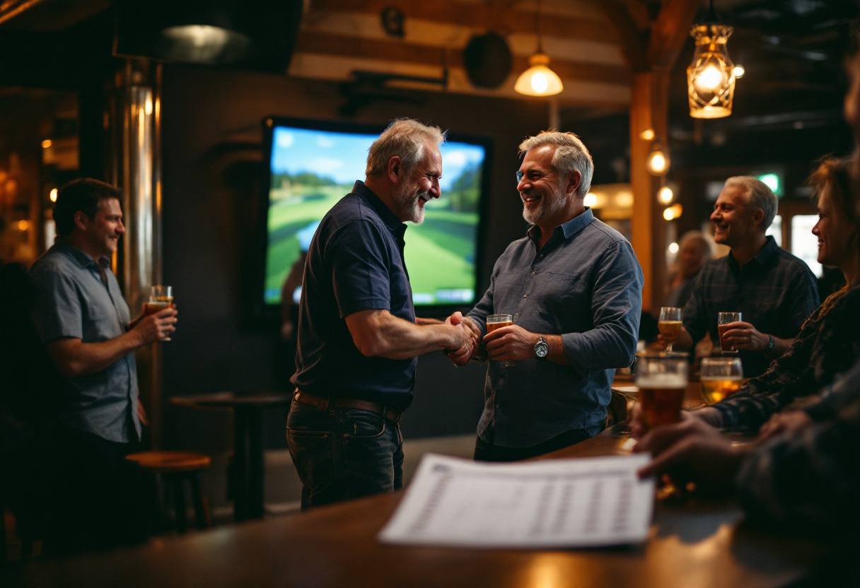 Illustrative image: golfers chatting at a bar on a league night
