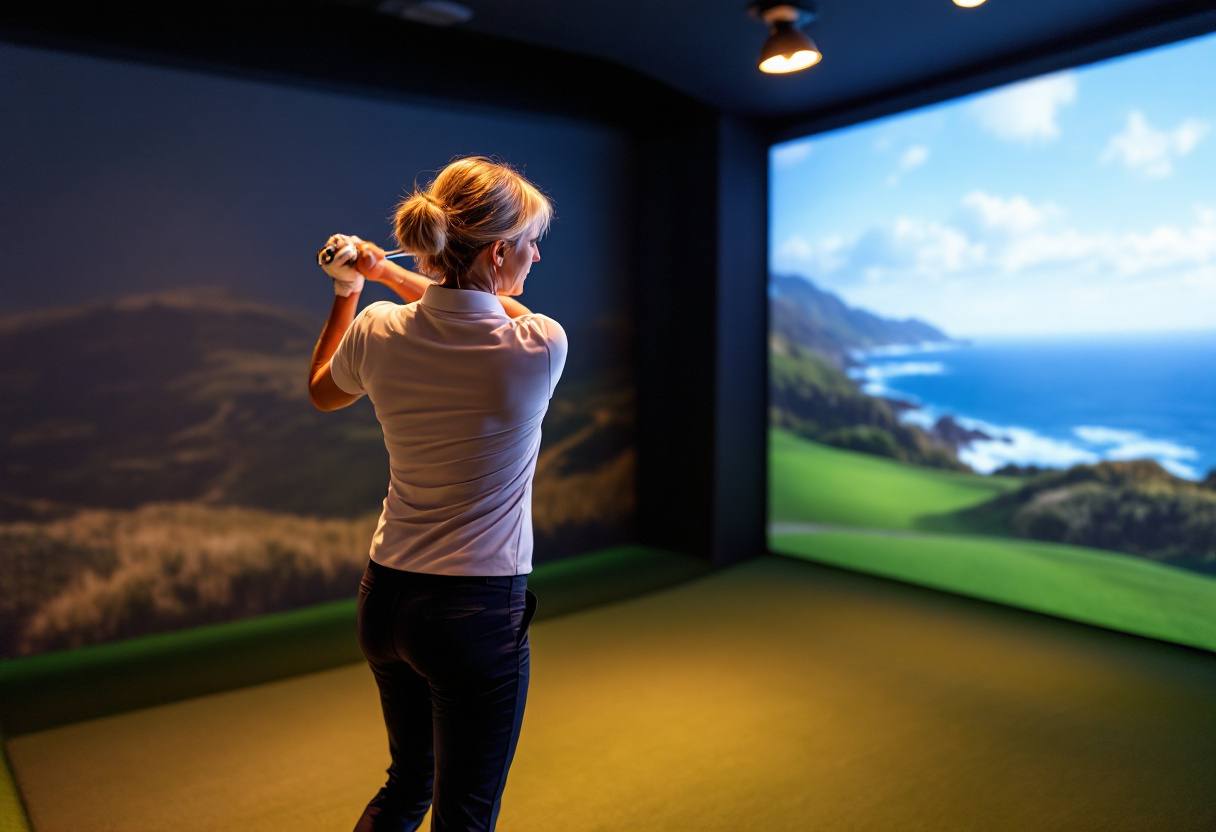 Illustrative image: a woman playing in a simulator bay